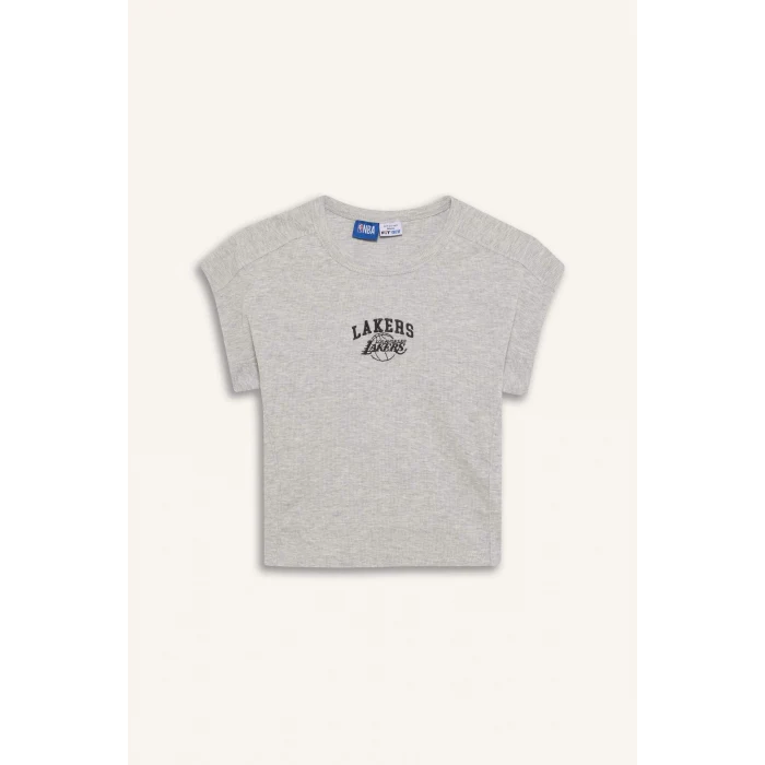 Defacto E3828 Gri DeFactoFit NBA Los Angeles Lakers Standart Fit Bisiklet Yaka Nakış Baskı Fitilli Kaşkorse Kısa Kollu Tişört