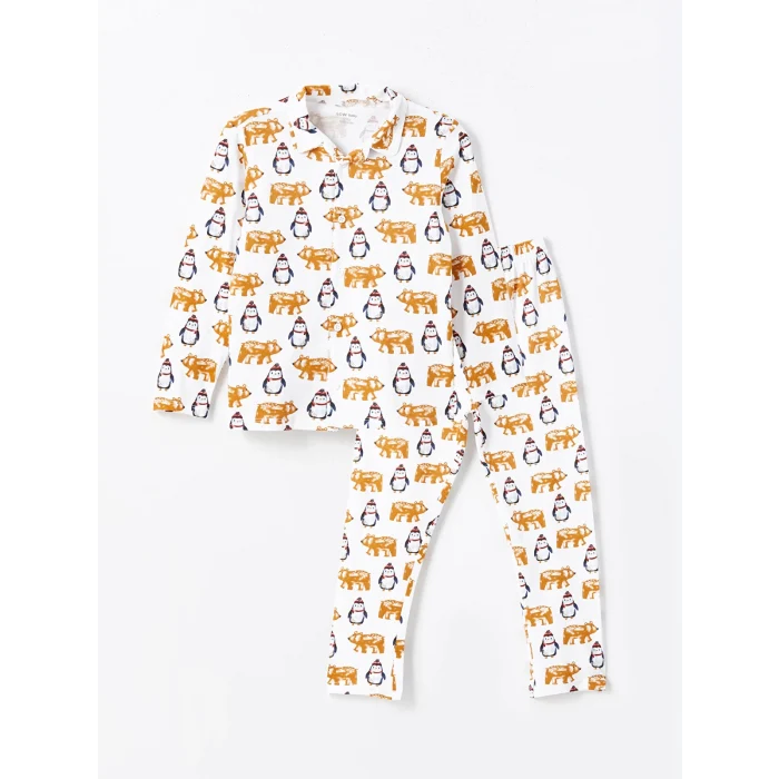 LCW Kids Ekru Polo Yaka Baskılı Erkek Çocuk Pijama Takımı