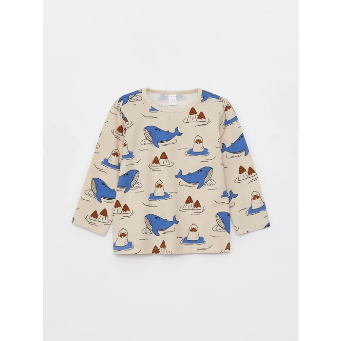 LCW baby Bej Bisiklet Yaka Uzun Kollu Desenli Erkek Bebek Pijama Takımı