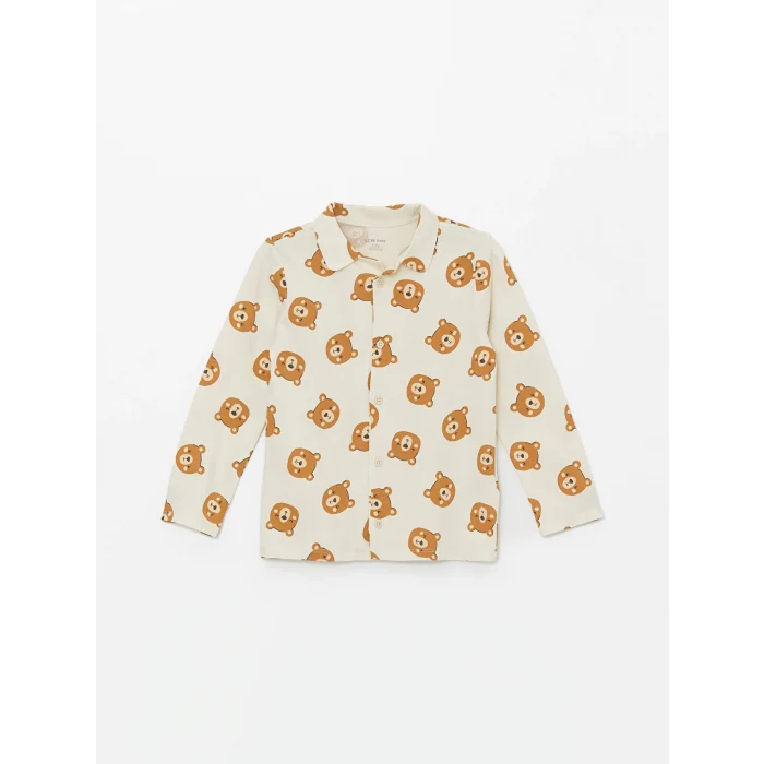 LCW baby Ekru Polo Yaka Uzun Kollu Baskılı Erkek Bebek Pijama Takımı
