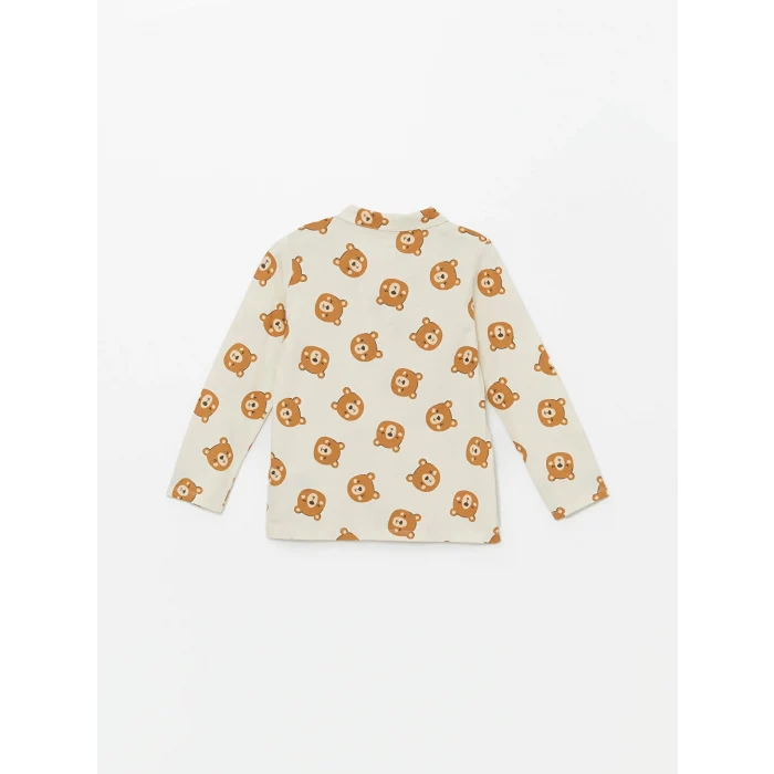LCW baby Ekru Polo Yaka Uzun Kollu Baskılı Erkek Bebek Pijama Takımı