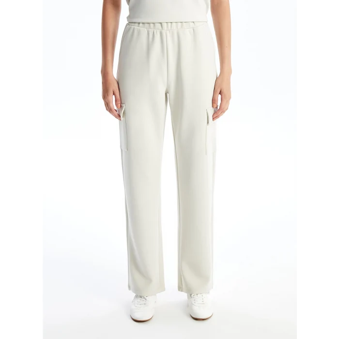 LCW Vision Bej Beli Lastikli Düz İnterlok Kadın Kargo Eşofman Altı