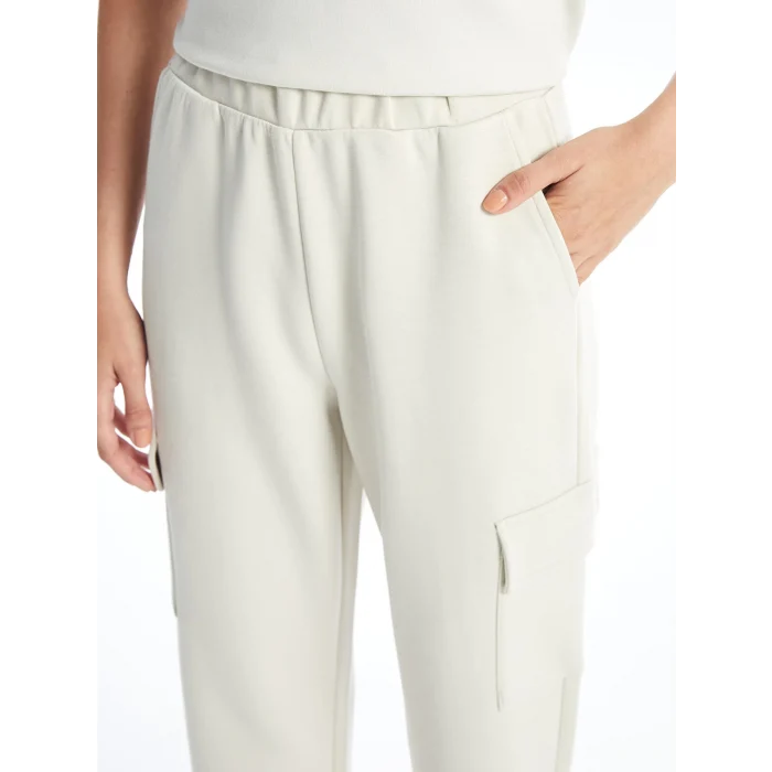 LCW Vision Bej Beli Lastikli Düz İnterlok Kadın Kargo Eşofman Altı