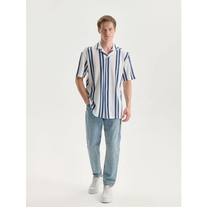 LCW Vision Mavi Regular Fit Kısa Kollu Çizgili Armürlü Erkek Gömlek