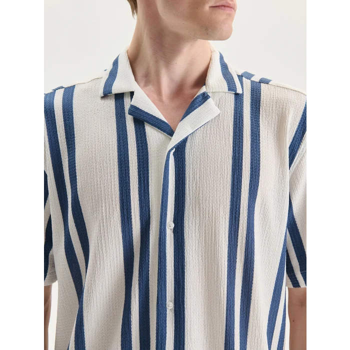 LCW Vision Mavi Regular Fit Kısa Kollu Çizgili Armürlü Erkek Gömlek