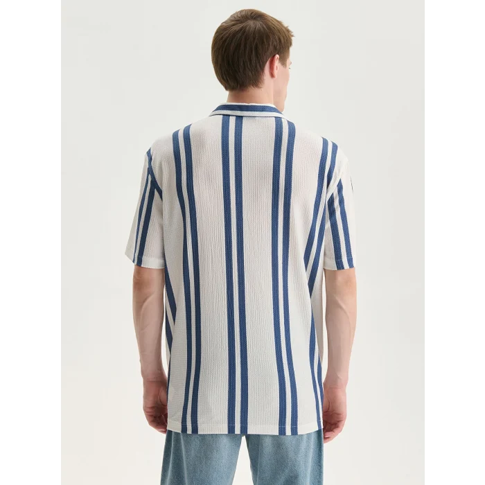 LCW Vision Mavi Regular Fit Kısa Kollu Çizgili Armürlü Erkek Gömlek