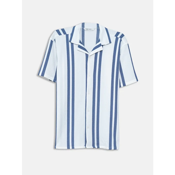 LCW Vision Mavi Regular Fit Kısa Kollu Çizgili Armürlü Erkek Gömlek