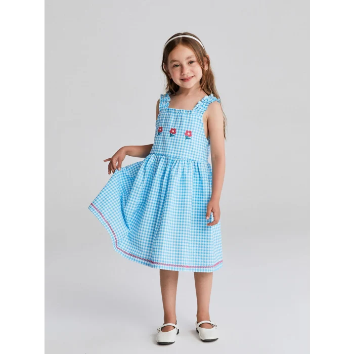 LCW Kids Mavi Kare Yaka Çiçekli Kız Çocuk Keten Elbise