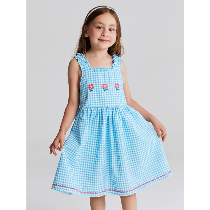 LCW Kids Mavi Kare Yaka Çiçekli Kız Çocuk Keten Elbise