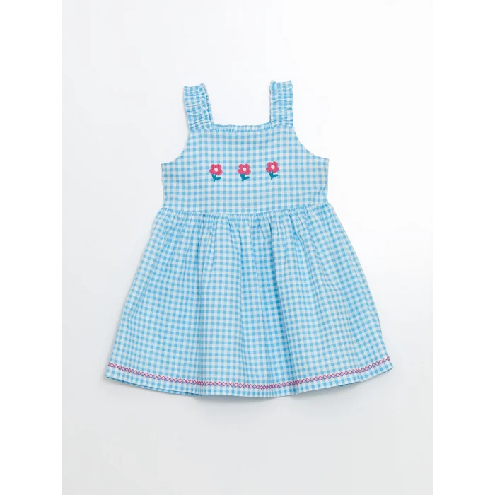 LCW Kids Mavi Kare Yaka Çiçekli Kız Çocuk Keten Elbise