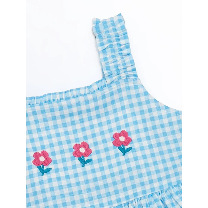 LCW Kids Mavi Kare Yaka Çiçekli Kız Çocuk Keten Elbise