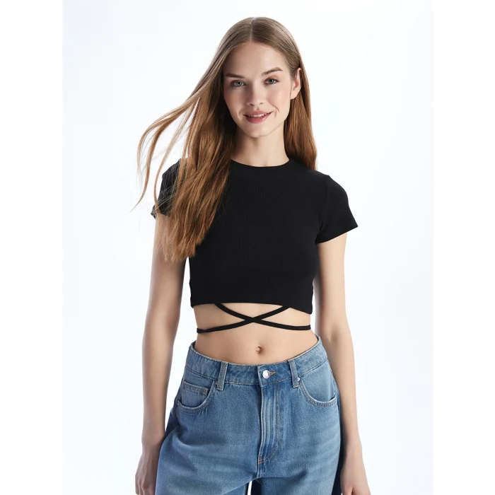 XSIDE Siyah Bisiklet Yaka Düz Kısa Kollu Kadın Crop