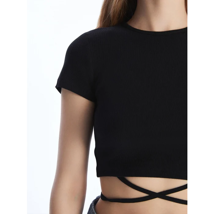 XSIDE Siyah Bisiklet Yaka Düz Kısa Kollu Kadın Crop