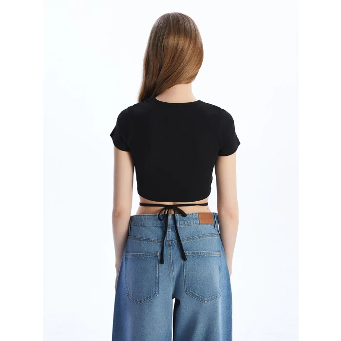 XSIDE Siyah Bisiklet Yaka Düz Kısa Kollu Kadın Crop