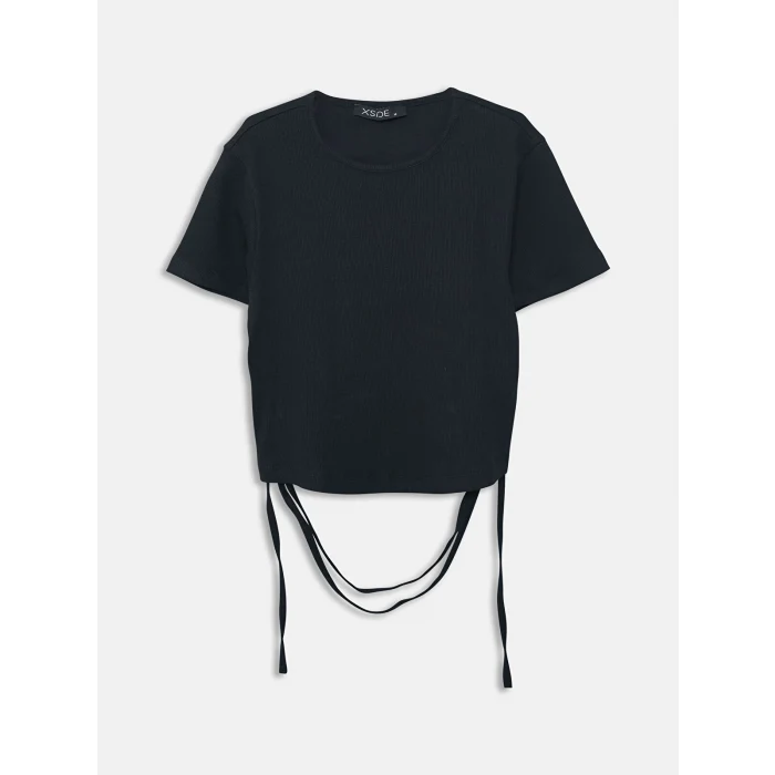 XSIDE Siyah Bisiklet Yaka Düz Kısa Kollu Kadın Crop