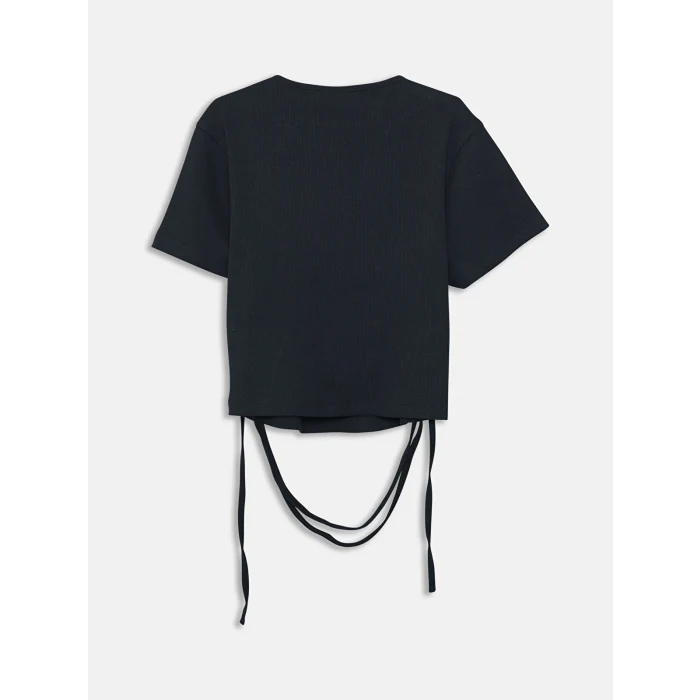 XSIDE Siyah Bisiklet Yaka Düz Kısa Kollu Kadın Crop
