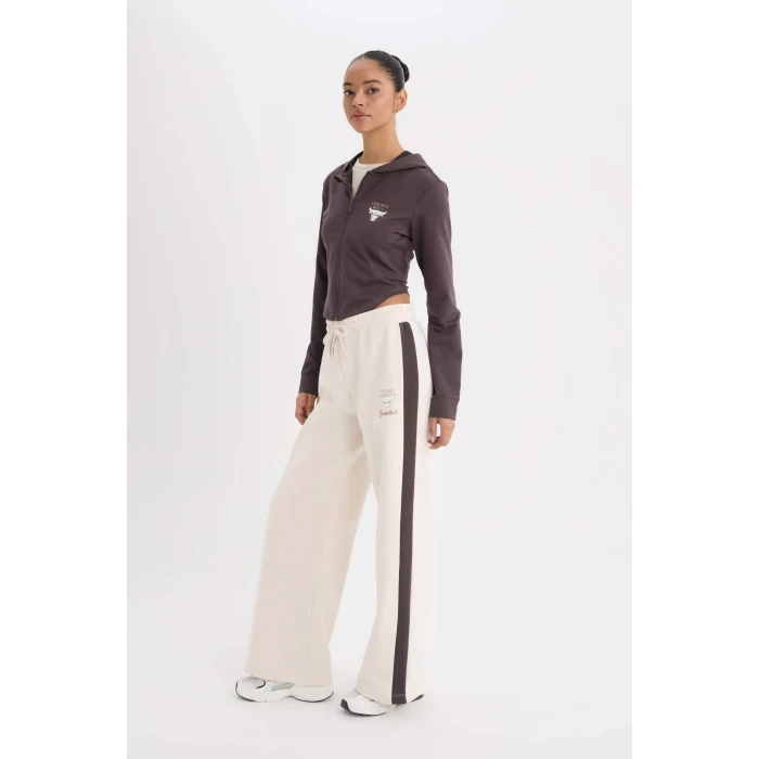 Defacto D6129 Ekru DeFactoFit NBA Chicago Bulls Eşofman Altı Wide Leg Geniş Bol Paça Standart Boy