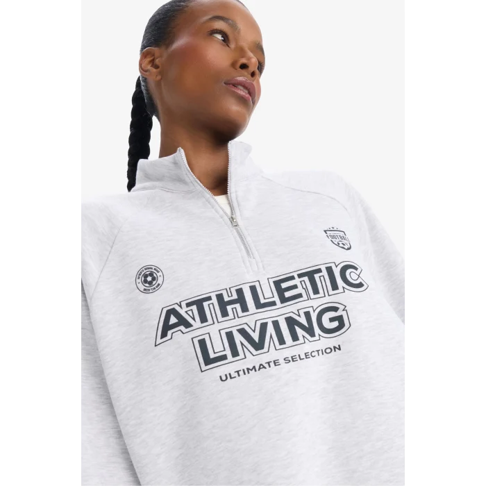 Defacto D7754 Gri DeFactoFit Oversize Geniş Kalıp Dik Yaka Baskılı Sporcu Sweatshirt