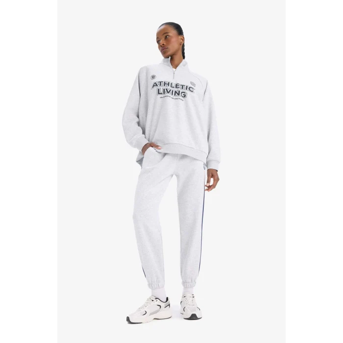 Defacto D7754 Gri DeFactoFit Oversize Geniş Kalıp Dik Yaka Baskılı Sporcu Sweatshirt