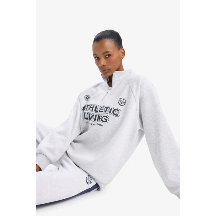 Defacto D7754 Gri DeFactoFit Oversize Geniş Kalıp Dik Yaka Baskılı Sporcu Sweatshirt