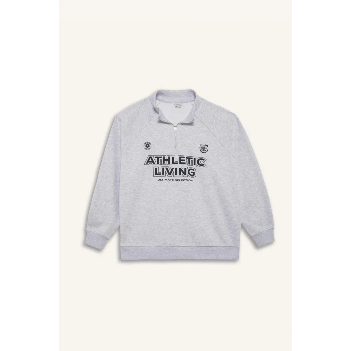 Defacto D7754 Gri DeFactoFit Oversize Geniş Kalıp Dik Yaka Baskılı Sporcu Sweatshirt