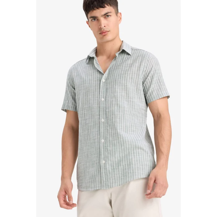 Defacto F6400 Yeşil Pamuklu Çizgili Kısa Kollu Gömlek