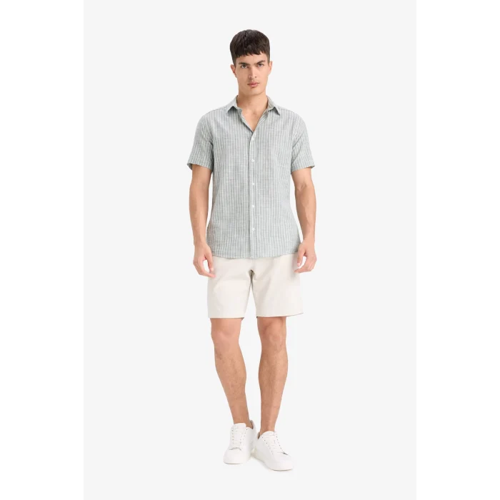 Defacto F6400 Yeşil Pamuklu Çizgili Kısa Kollu Gömlek