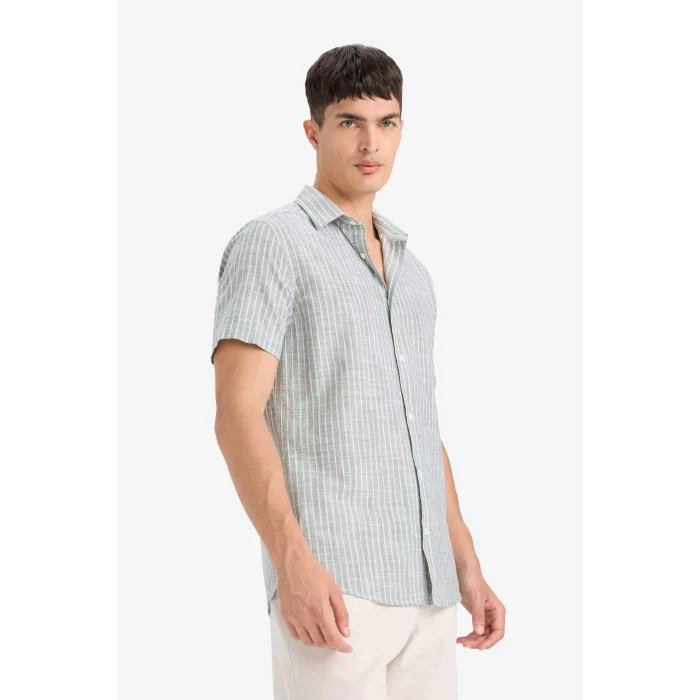 Defacto F6400 Yeşil Pamuklu Çizgili Kısa Kollu Gömlek