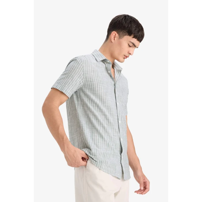 Defacto F6400 Yeşil Pamuklu Çizgili Kısa Kollu Gömlek