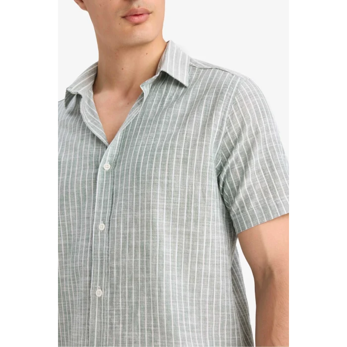 Defacto F6400 Yeşil Pamuklu Çizgili Kısa Kollu Gömlek