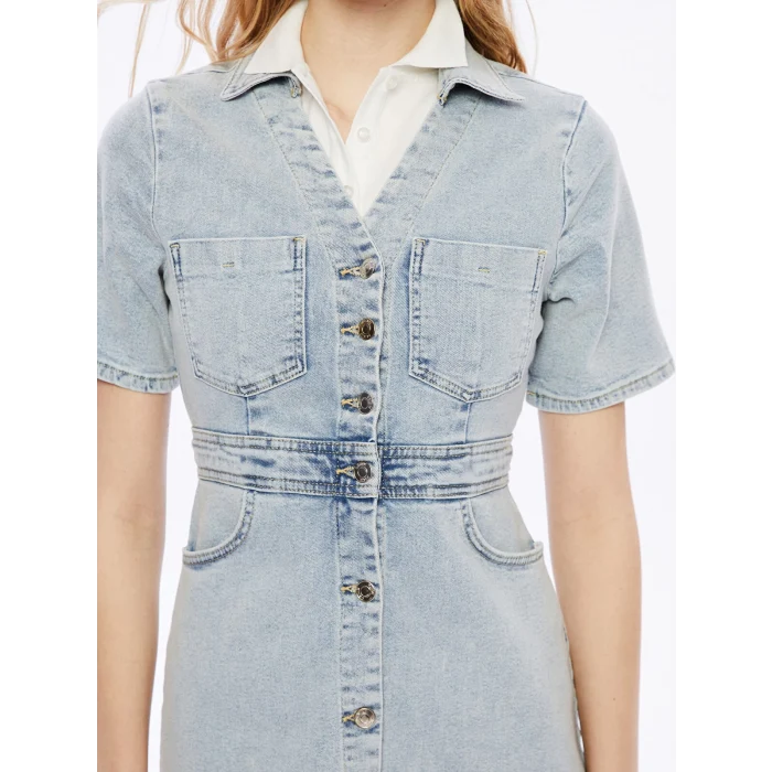 XSIDE Mavi Gömlek Yaka Kadın Jean Mini Elbise