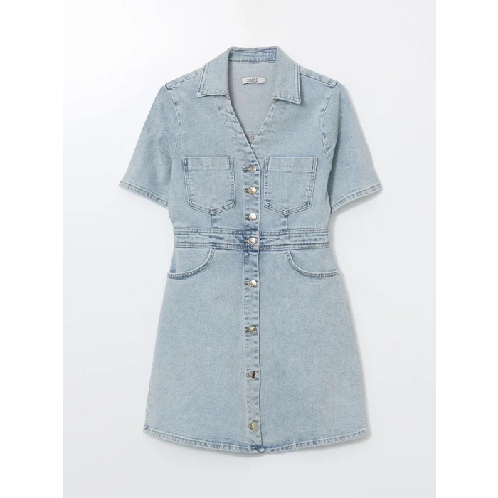XSIDE Mavi Gömlek Yaka Kadın Jean Mini Elbise