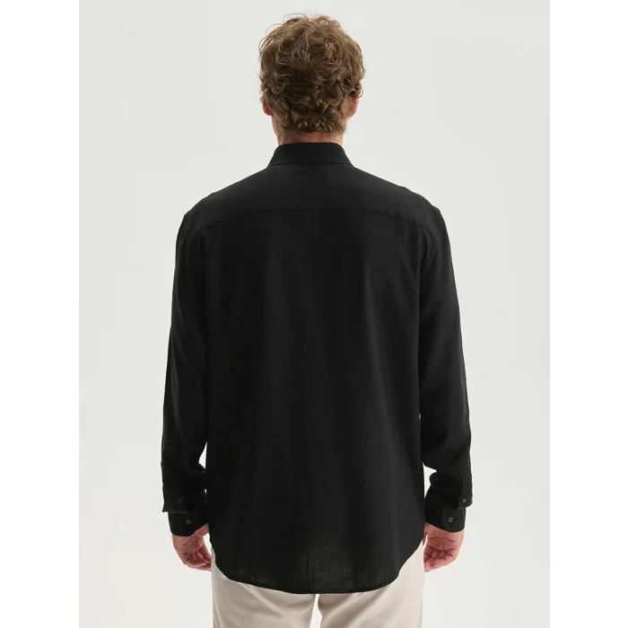 LCW Vision Siyah Slim Fit Uzun Kollu Keten Karışımlı Erkek Gömlek