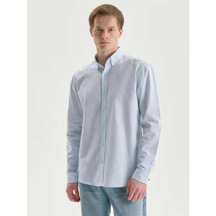 LCW Vision Mavi Regular Fit Uzun Kollu Keten Karışımlı Erkek Gömlek