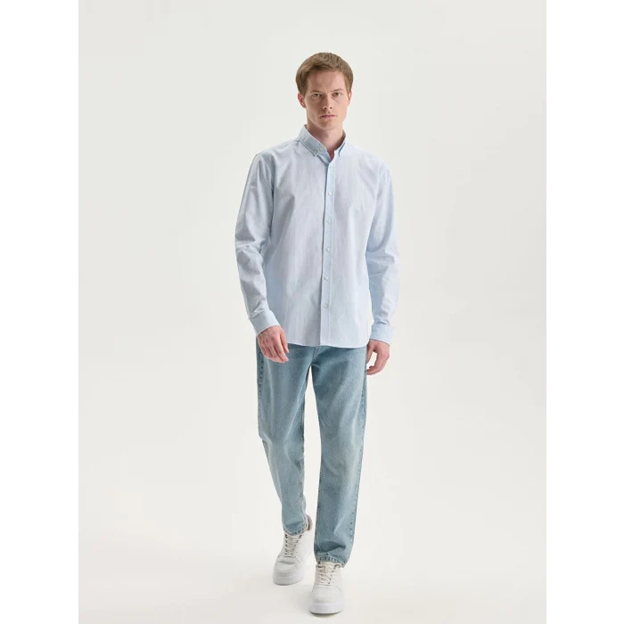 LCW Vision Mavi Regular Fit Uzun Kollu Keten Karışımlı Erkek Gömlek