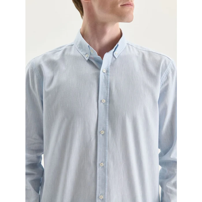 LCW Vision Mavi Regular Fit Uzun Kollu Keten Karışımlı Erkek Gömlek