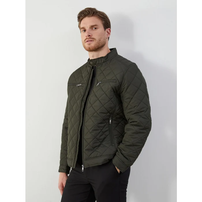 LCWAIKIKI Classic Haki Standart Kalıp Biker Yaka Kapitoneli Erkek Mont