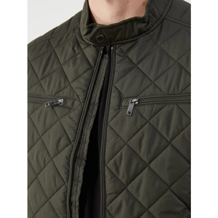 LCWAIKIKI Classic Haki Standart Kalıp Biker Yaka Kapitoneli Erkek Mont