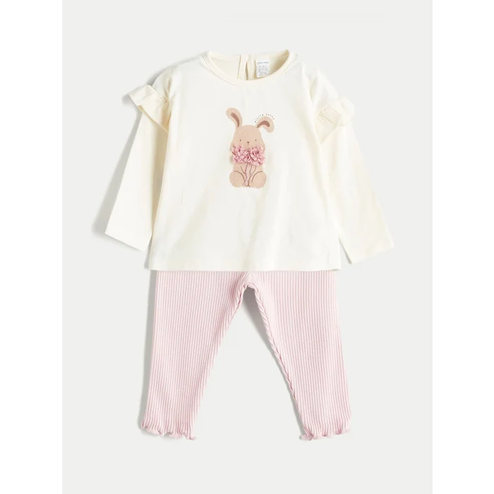 LCW baby Ekru Bisiklet Yaka Baskılı Kız Bebek Bluz ve Tayt 2li Takım