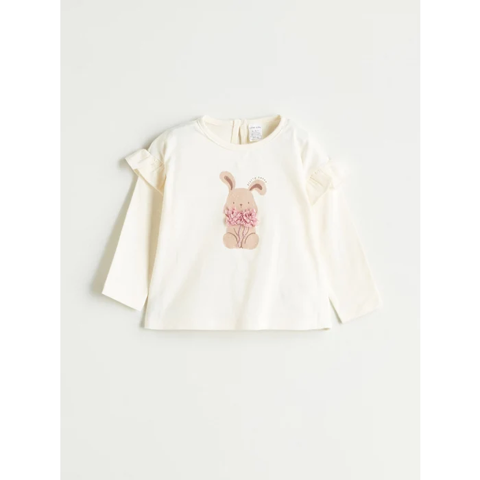 LCW baby Ekru Bisiklet Yaka Baskılı Kız Bebek Bluz ve Tayt 2li Takım