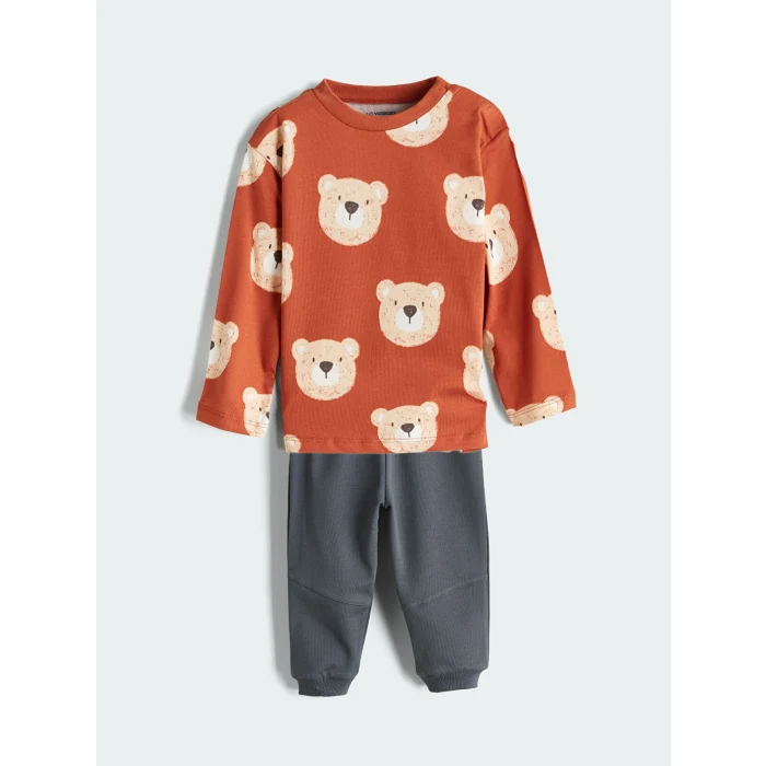 LC Waikiki Kahverengi Baskılı Erkek Bebek Tişört ve Pantolon 2li