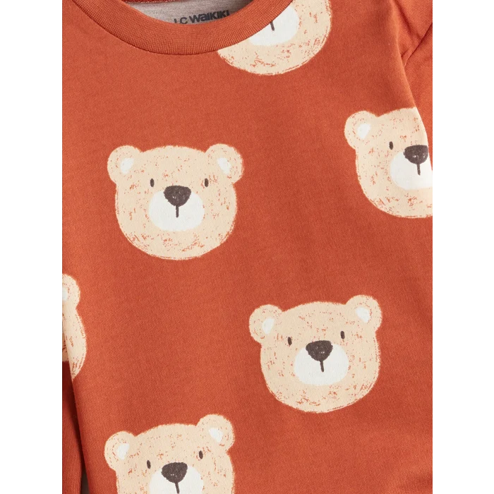 LC Waikiki Kahverengi Baskılı Erkek Bebek Tişört ve Pantolon 2li