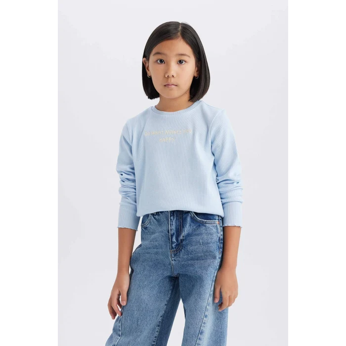 Defacto D8565 Mavi Kız Çocuk Slim Fit Dar Kesim Bisiklet Yaka Baskılı Fitilli Kaşkorse Uzun Kollu Tişört