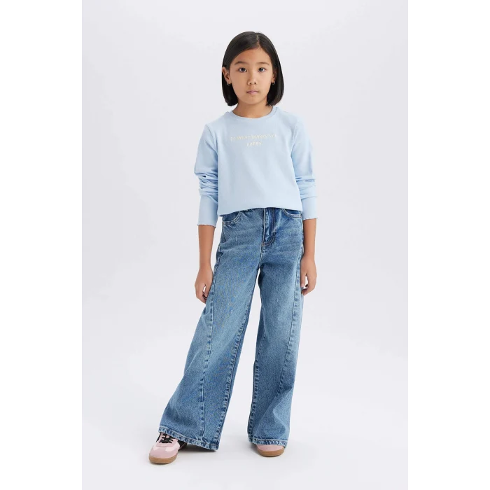 Defacto D8565 Mavi Kız Çocuk Slim Fit Dar Kesim Bisiklet Yaka Baskılı Fitilli Kaşkorse Uzun Kollu Tişört