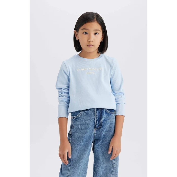 Defacto D8565 Mavi Kız Çocuk Slim Fit Dar Kesim Bisiklet Yaka Baskılı Fitilli Kaşkorse Uzun Kollu Tişört