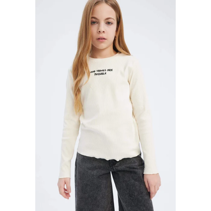 Defacto D8565 Ekru Kız Çocuk Slim Fit Dar Kesim Bisiklet Yaka Baskılı Fitilli Kaşkorse Uzun Kollu Tişört