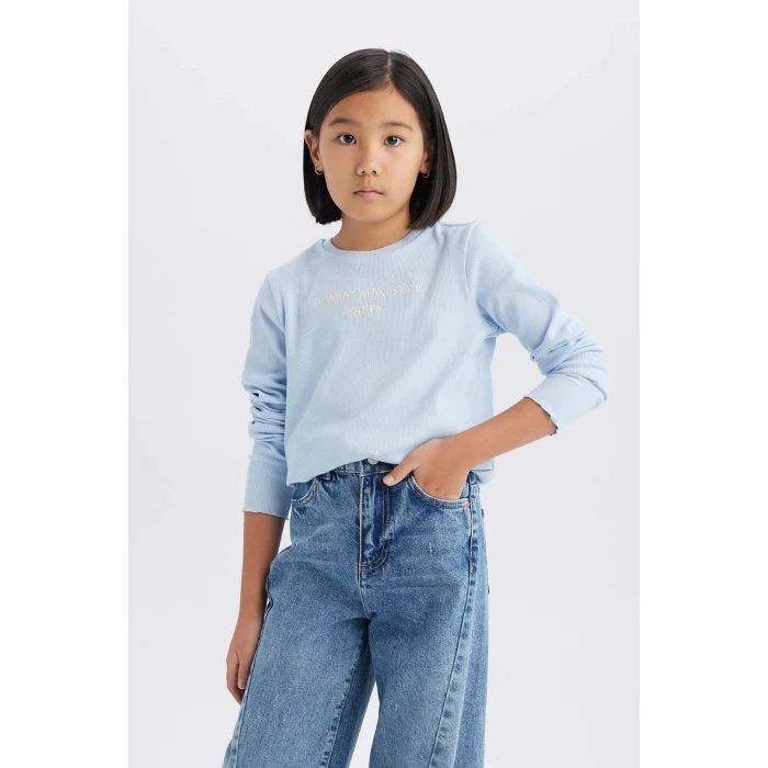 Defacto D8565 Mavi Kız Çocuk Slim Fit Dar Kesim Bisiklet Yaka Baskılı Fitilli Kaşkorse Uzun Kollu Tişört