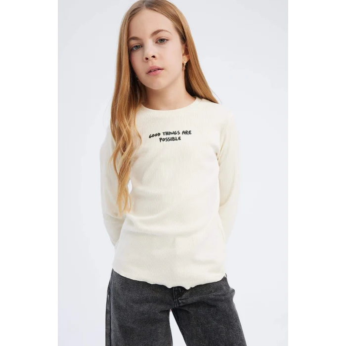 Defacto D8565 Ekru Kız Çocuk Slim Fit Dar Kesim Bisiklet Yaka Baskılı Fitilli Kaşkorse Uzun Kollu Tişört
