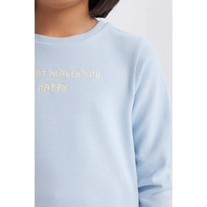 Defacto D8565 Mavi Kız Çocuk Slim Fit Dar Kesim Bisiklet Yaka Baskılı Fitilli Kaşkorse Uzun Kollu Tişört