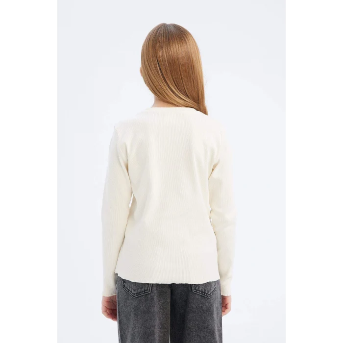 Defacto D8565 Ekru Kız Çocuk Slim Fit Dar Kesim Bisiklet Yaka Baskılı Fitilli Kaşkorse Uzun Kollu Tişört